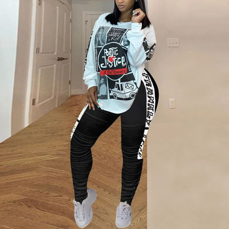 Queen Print Long Sleeve Loose Tops & Pleated Pants Sets