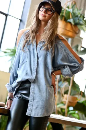 "Cold Shoulder" Denim Top-Blue