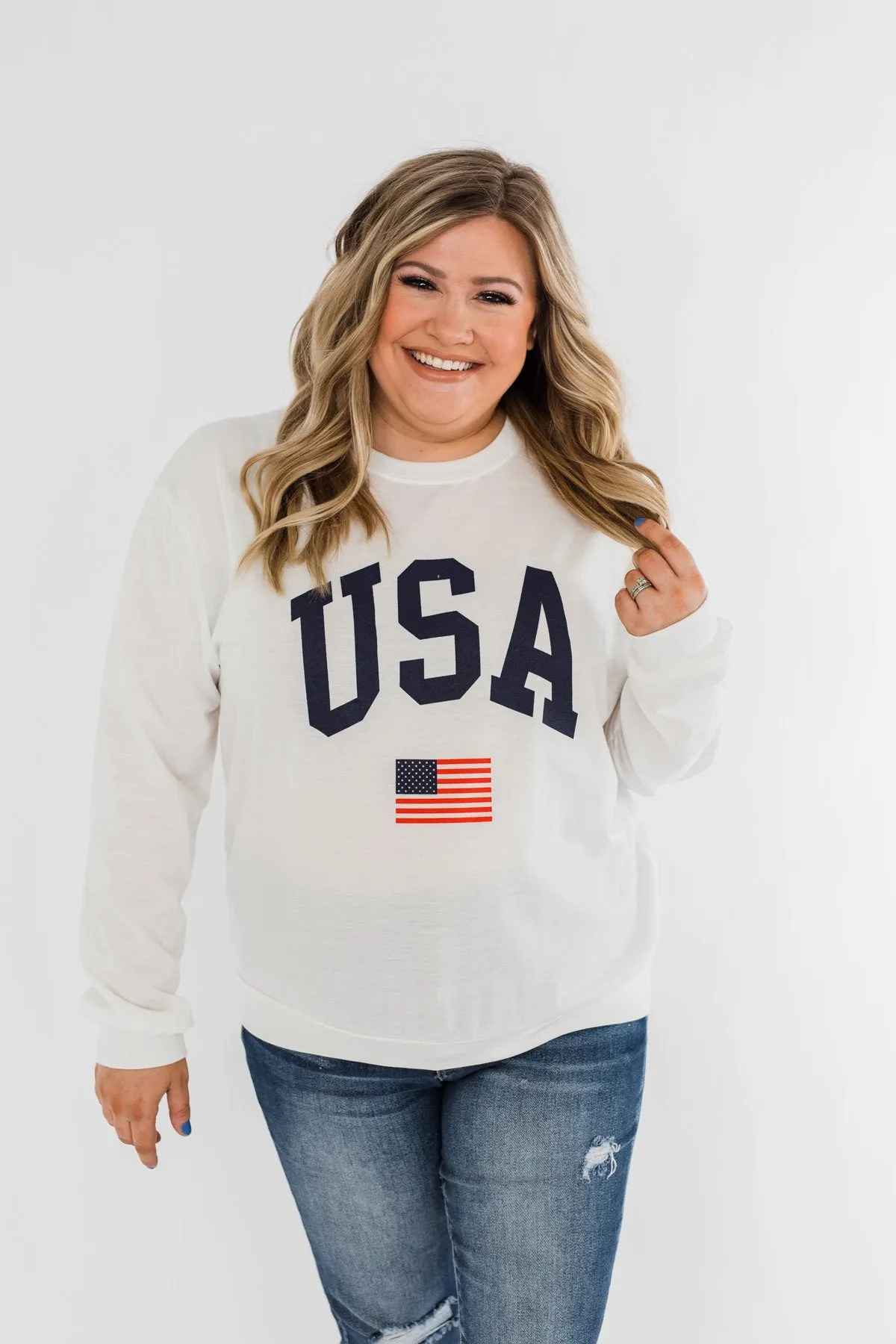 "USA" American Flag Graphic Pullover Top- Ivory