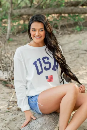 "USA" American Flag Graphic Pullover Top- Ivory
