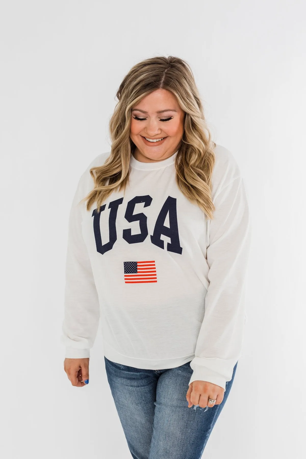 "USA" American Flag Graphic Pullover Top- Ivory