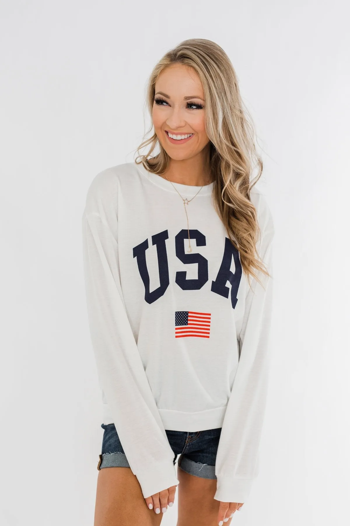 "USA" American Flag Graphic Pullover Top- Ivory