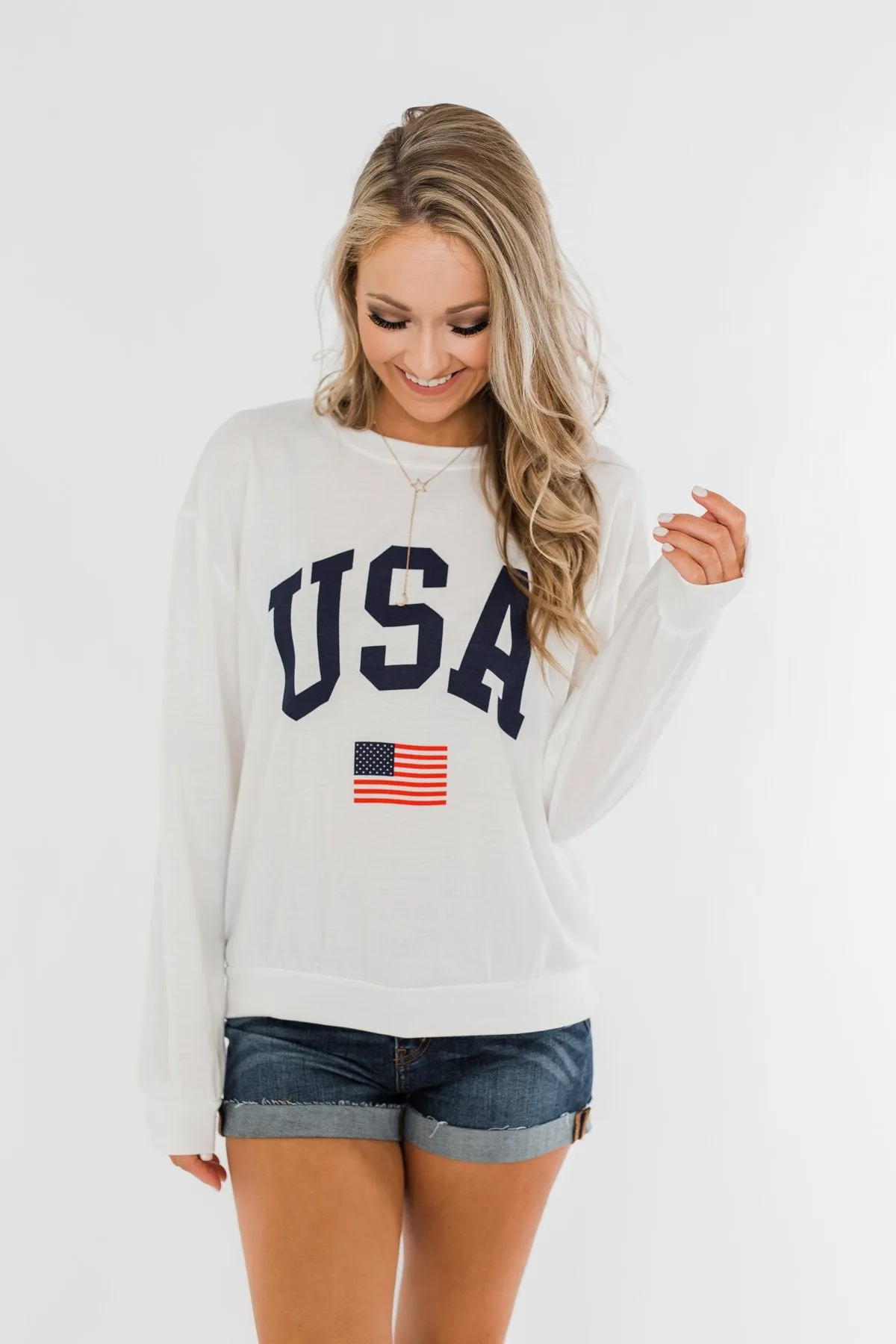 "USA" American Flag Graphic Pullover Top- Ivory