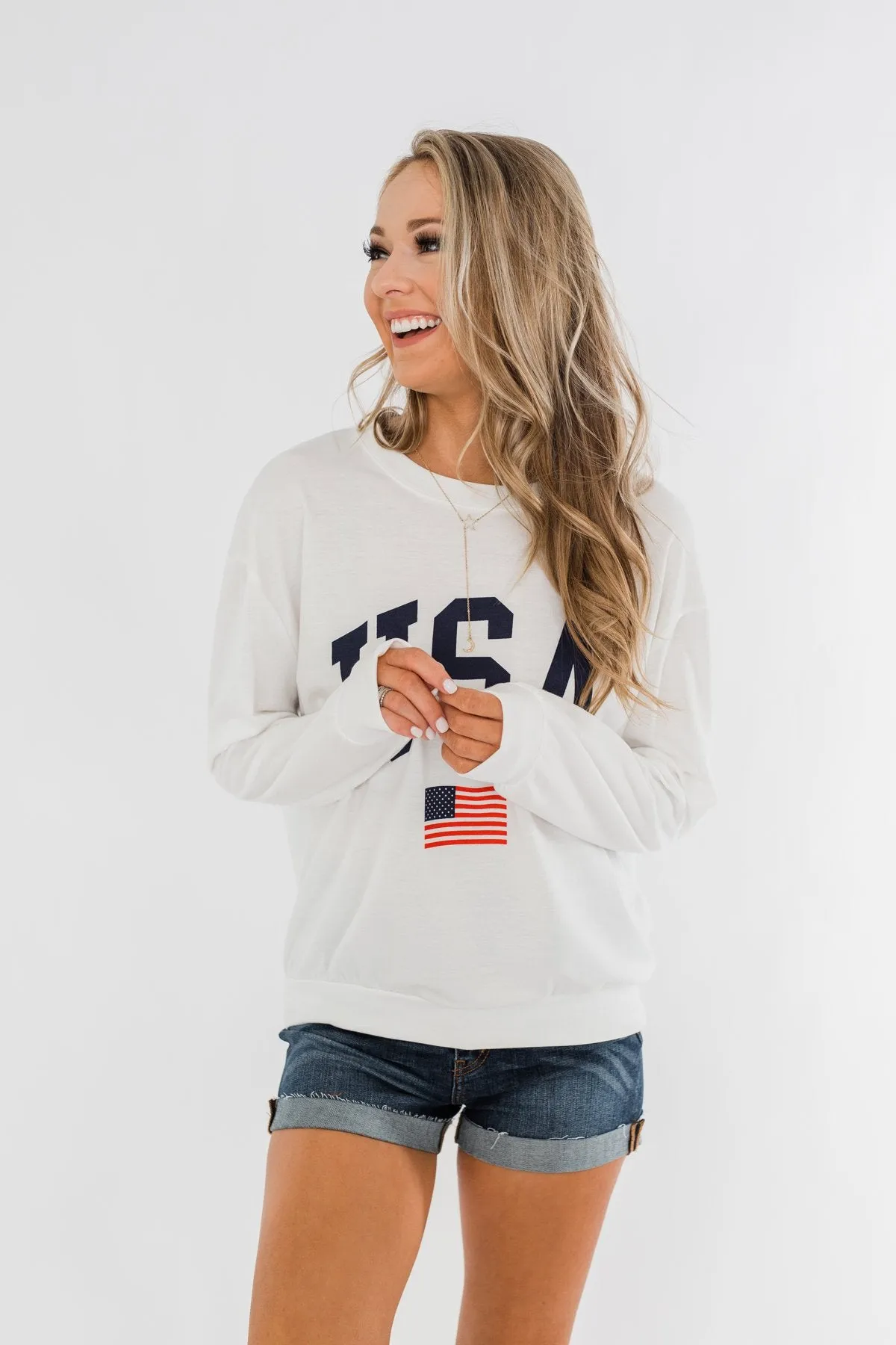 "USA" American Flag Graphic Pullover Top- Ivory