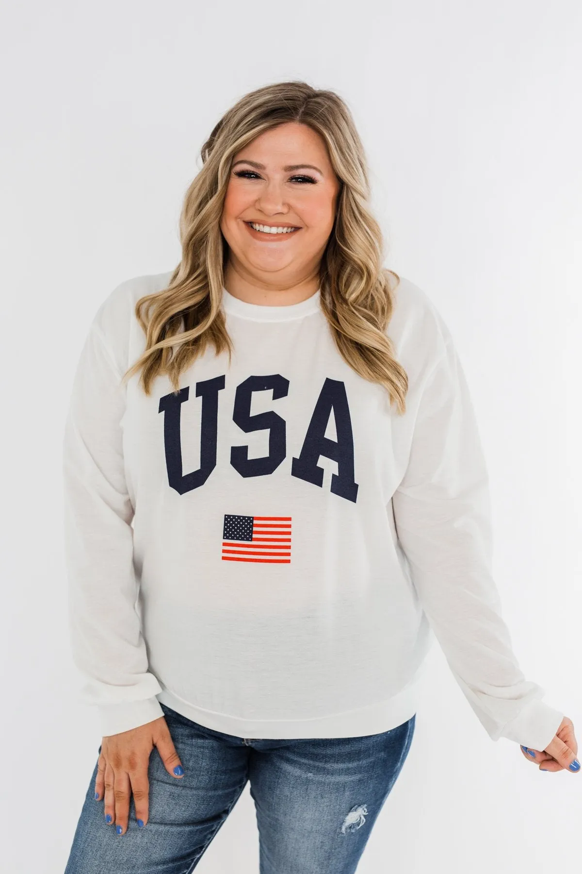 "USA" American Flag Graphic Pullover Top- Ivory