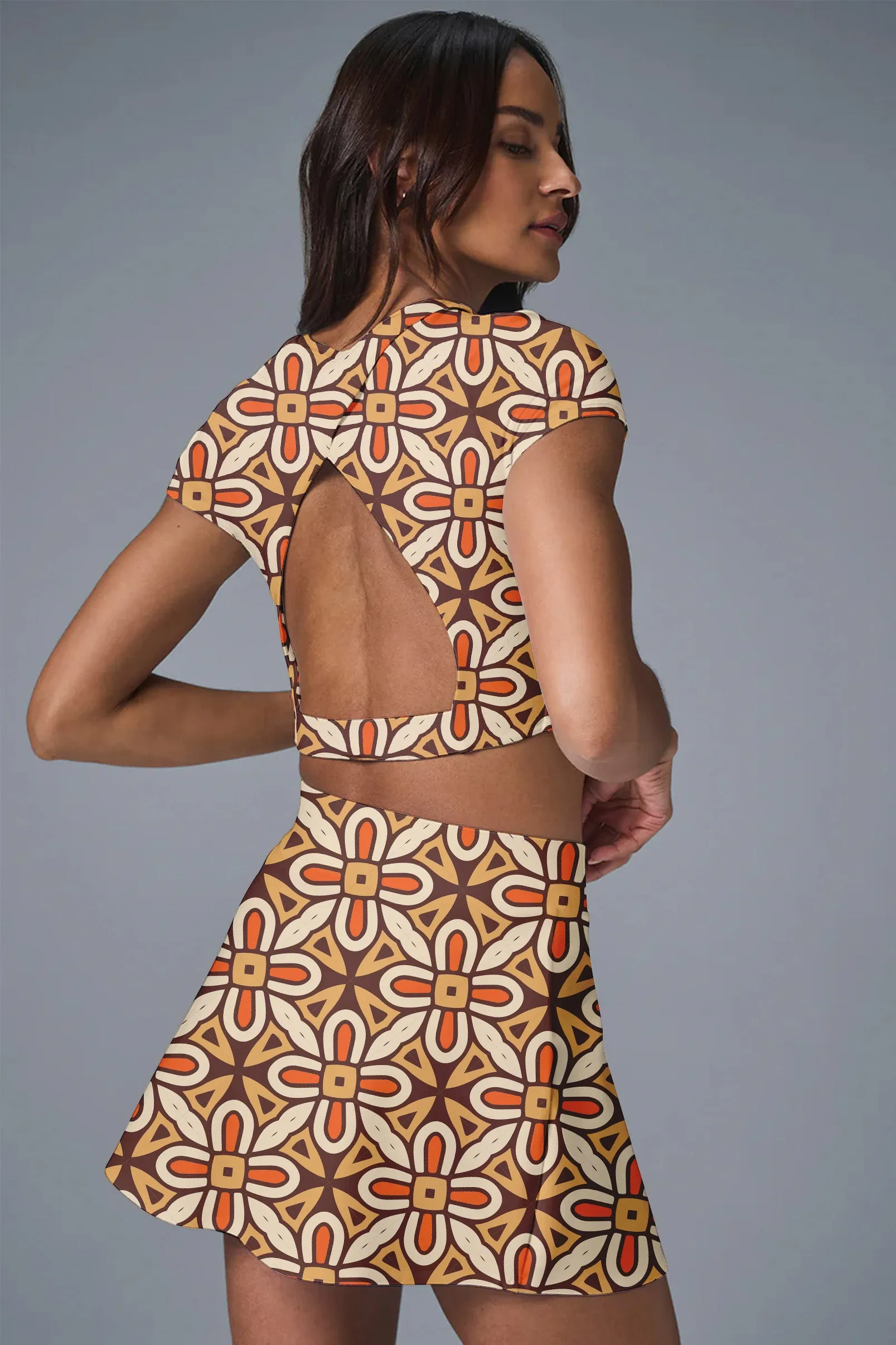 Radiant Bloom Activewear Set – Bold Floral Geometry Skirt & Crop Top for Women
