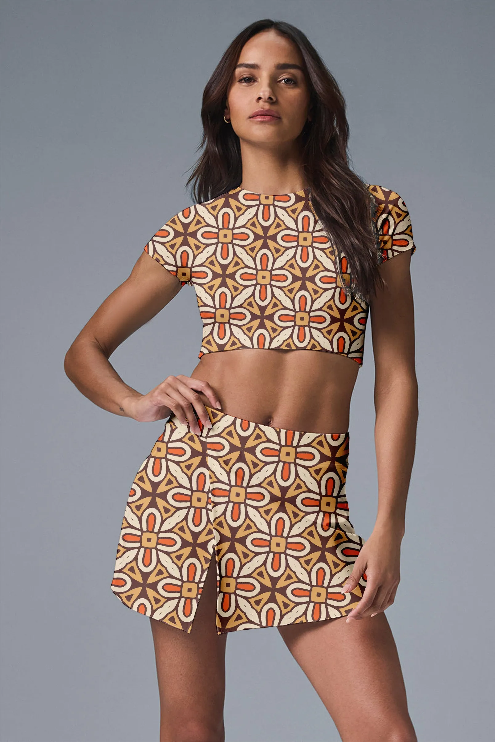 Radiant Bloom Activewear Set – Bold Floral Geometry Skirt & Crop Top for Women