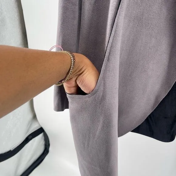 RAIN Women’s Grey Black Faux Suede Waterfall Drape Open Front Jacket Size Small