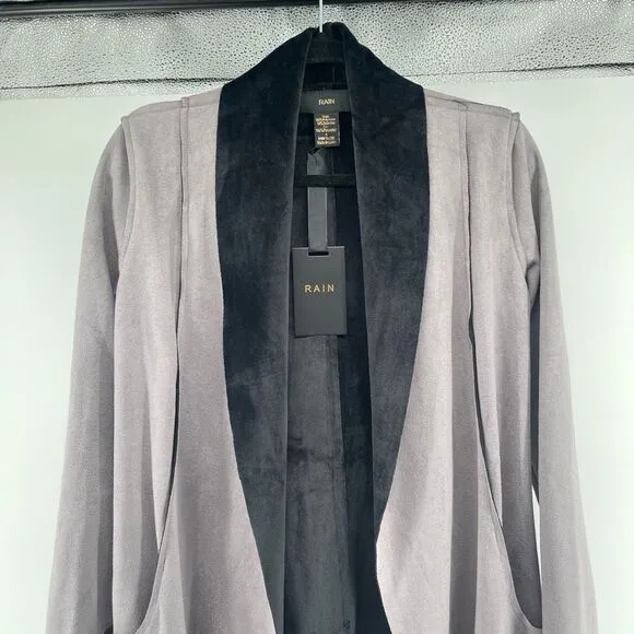 RAIN Women’s Grey Black Faux Suede Waterfall Drape Open Front Jacket Size Small
