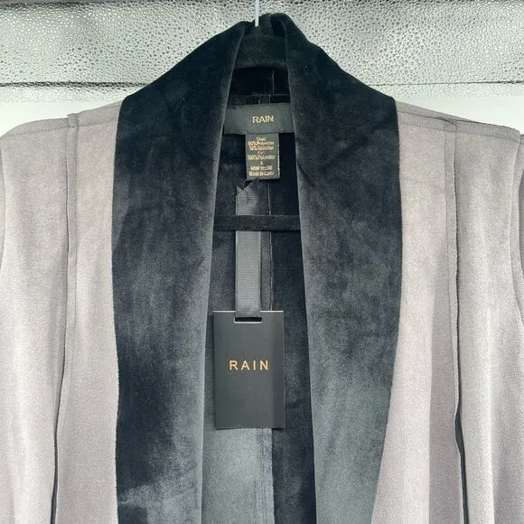RAIN Women’s Grey Black Faux Suede Waterfall Drape Open Front Jacket Size Small