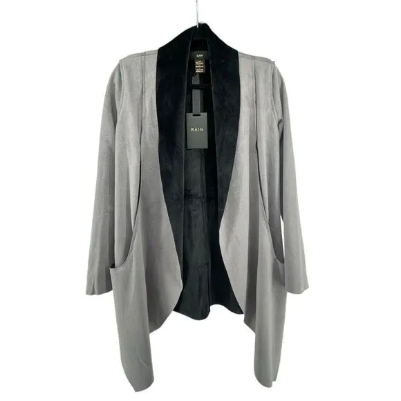 RAIN Women’s Grey Black Faux Suede Waterfall Drape Open Front Jacket Size Small