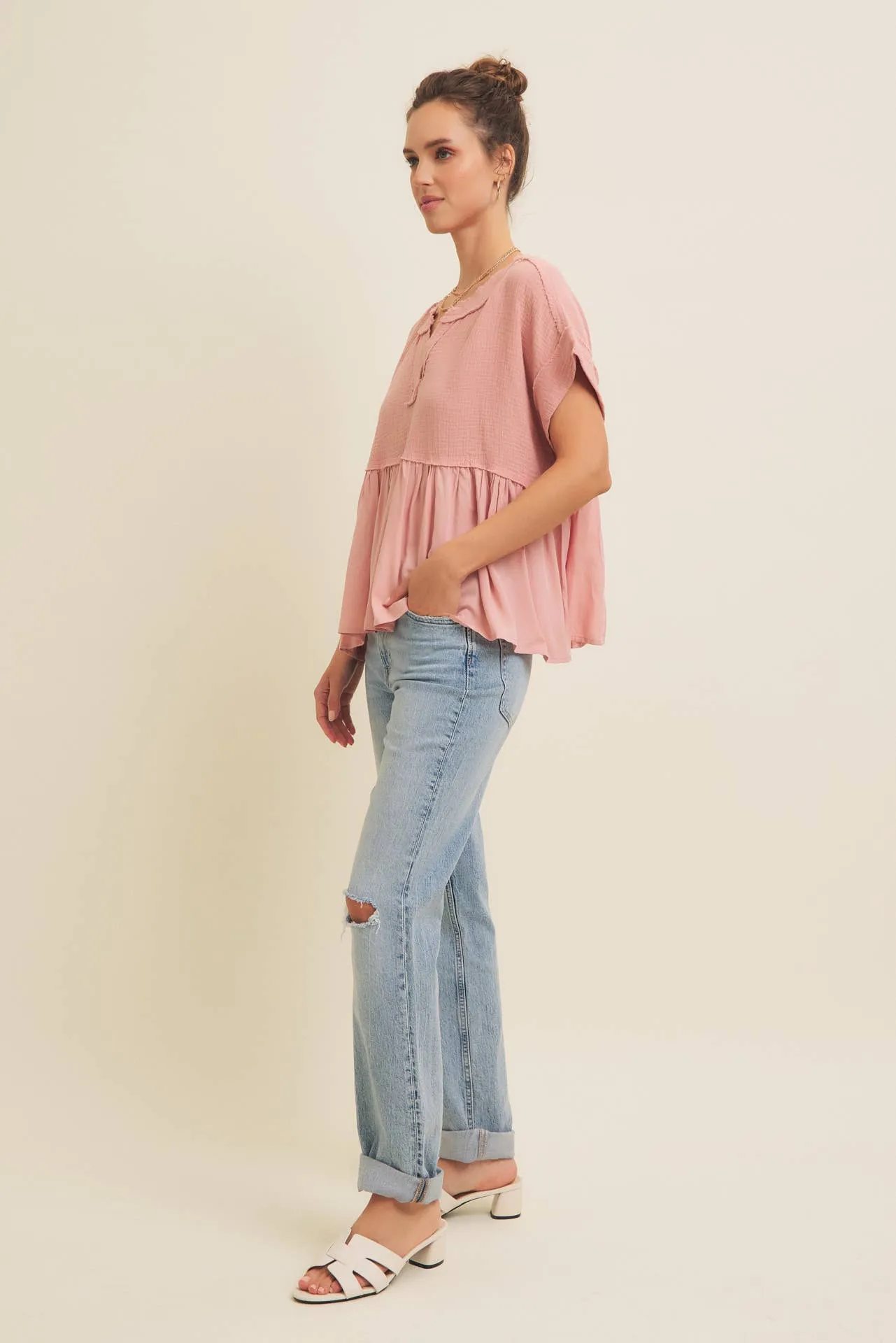 Raw Hem Soft Pink Flowy Top