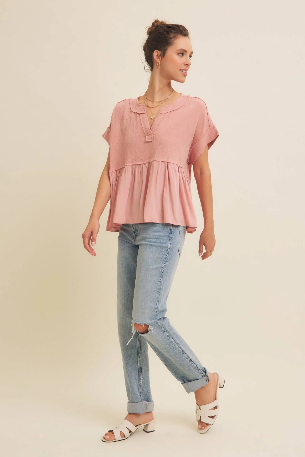 Raw Hem Soft Pink Flowy Top