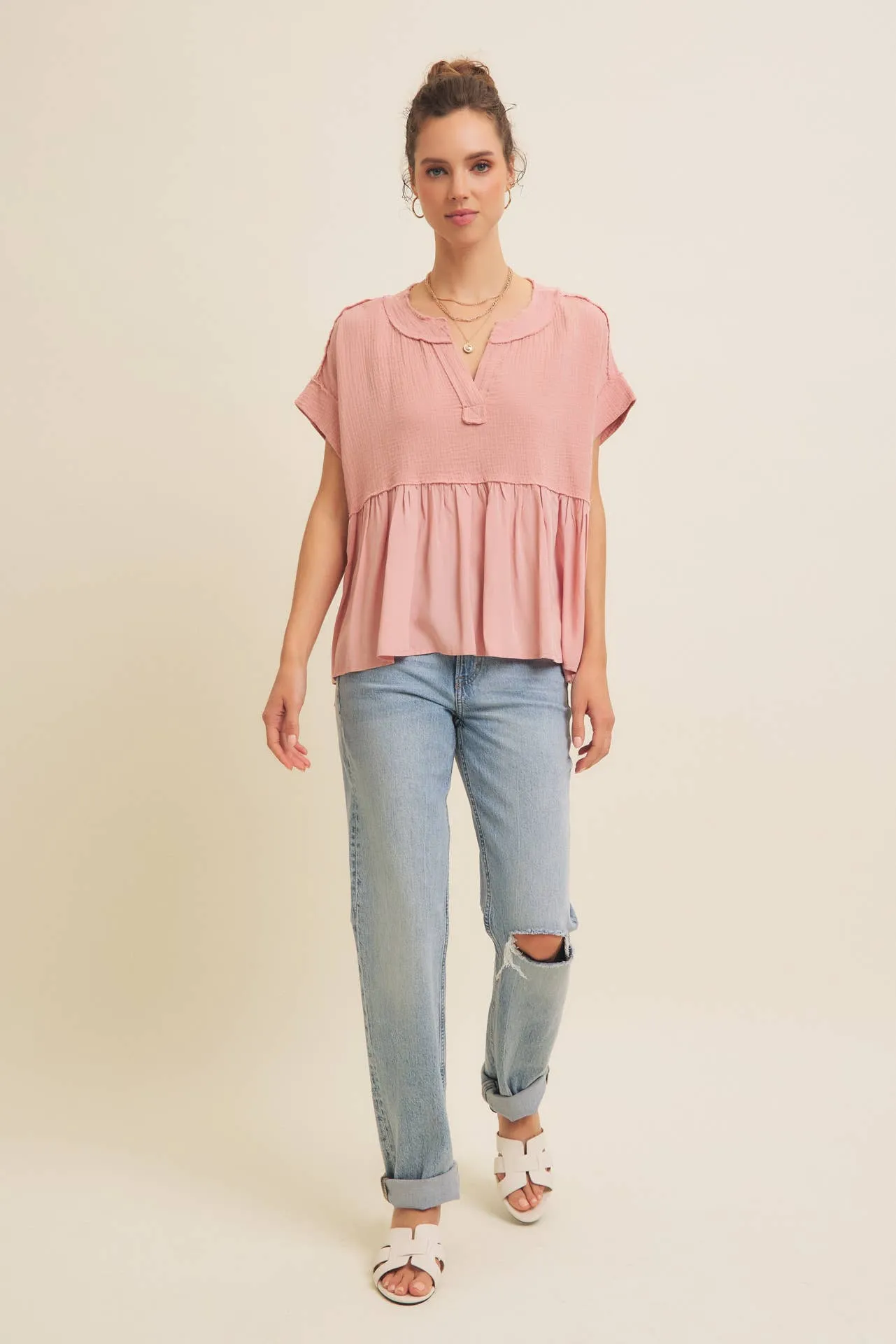 Raw Hem Soft Pink Flowy Top