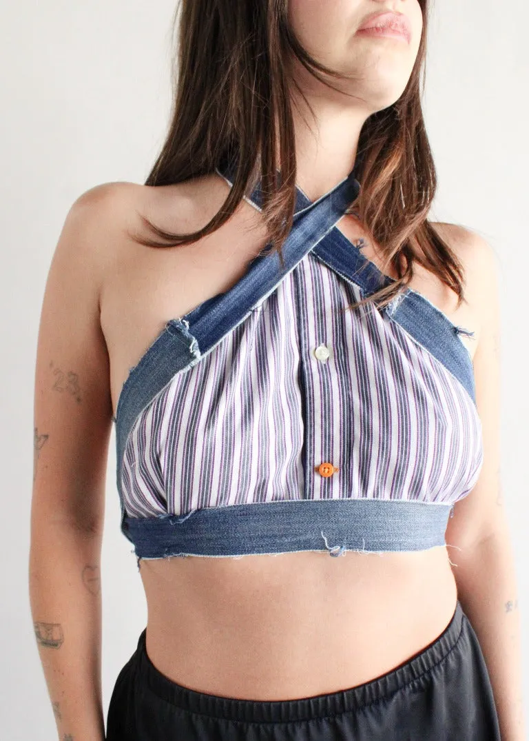 RCYCLD Striped Shirting Criss Cross Halter