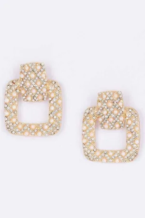 Rectangle Link Faux Pearlrhinestonedangle Earrings