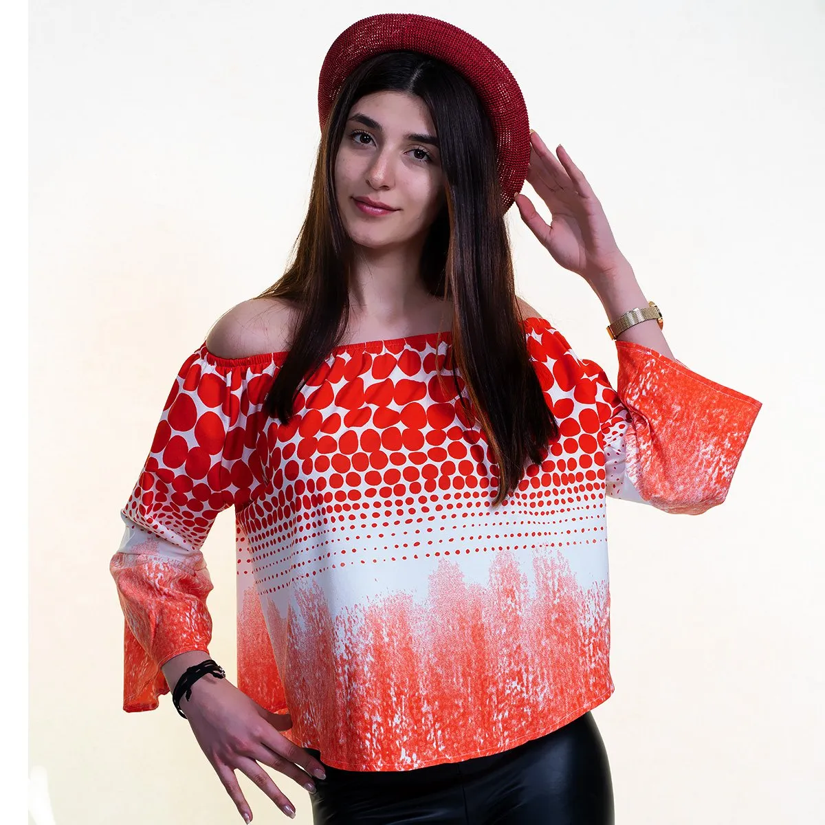 Red & White Long Sleeve Off the Shoulder Blouse for Women - Going Out Tops for Ladies