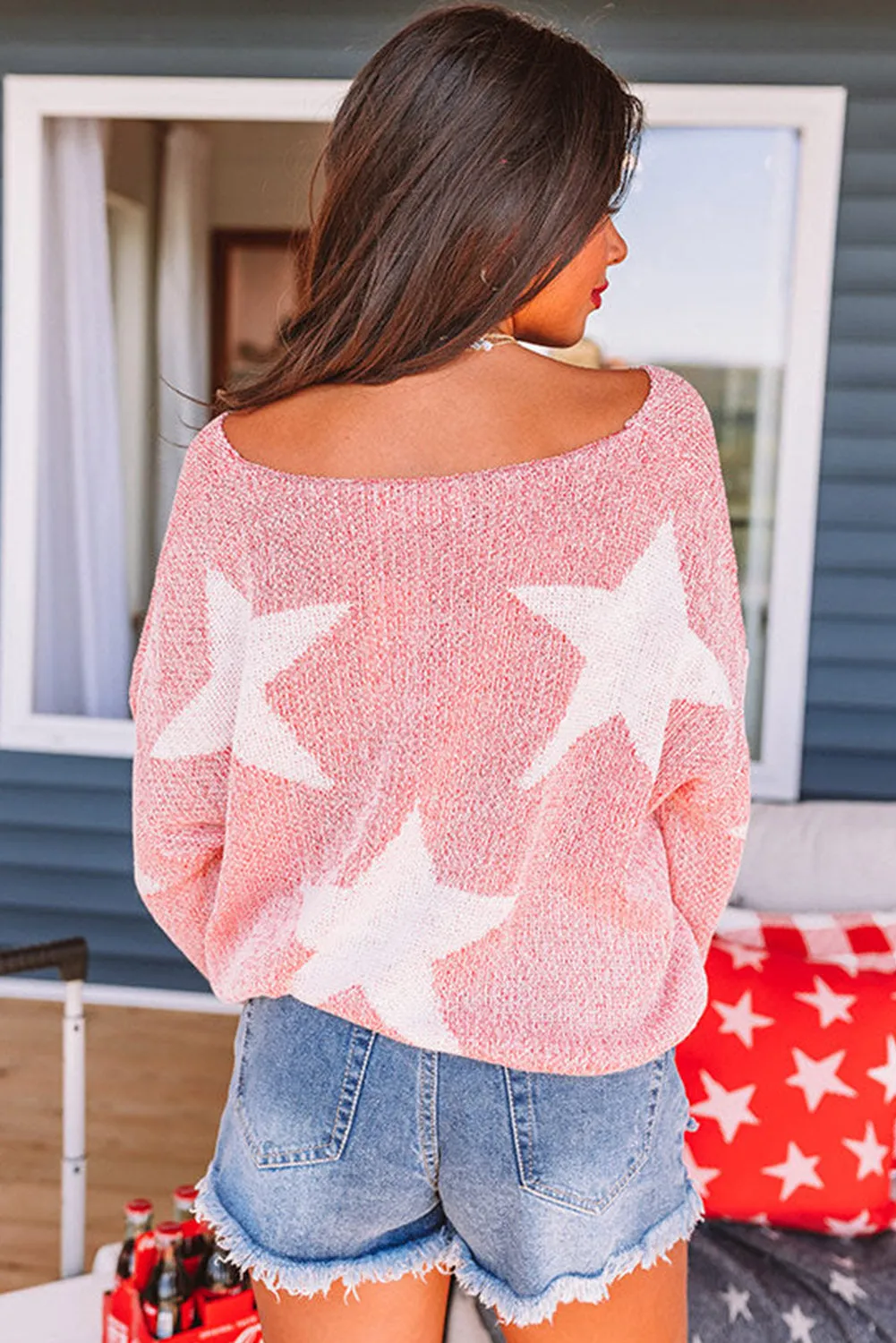 Red Big Star Spangled Casual Knit Sweater