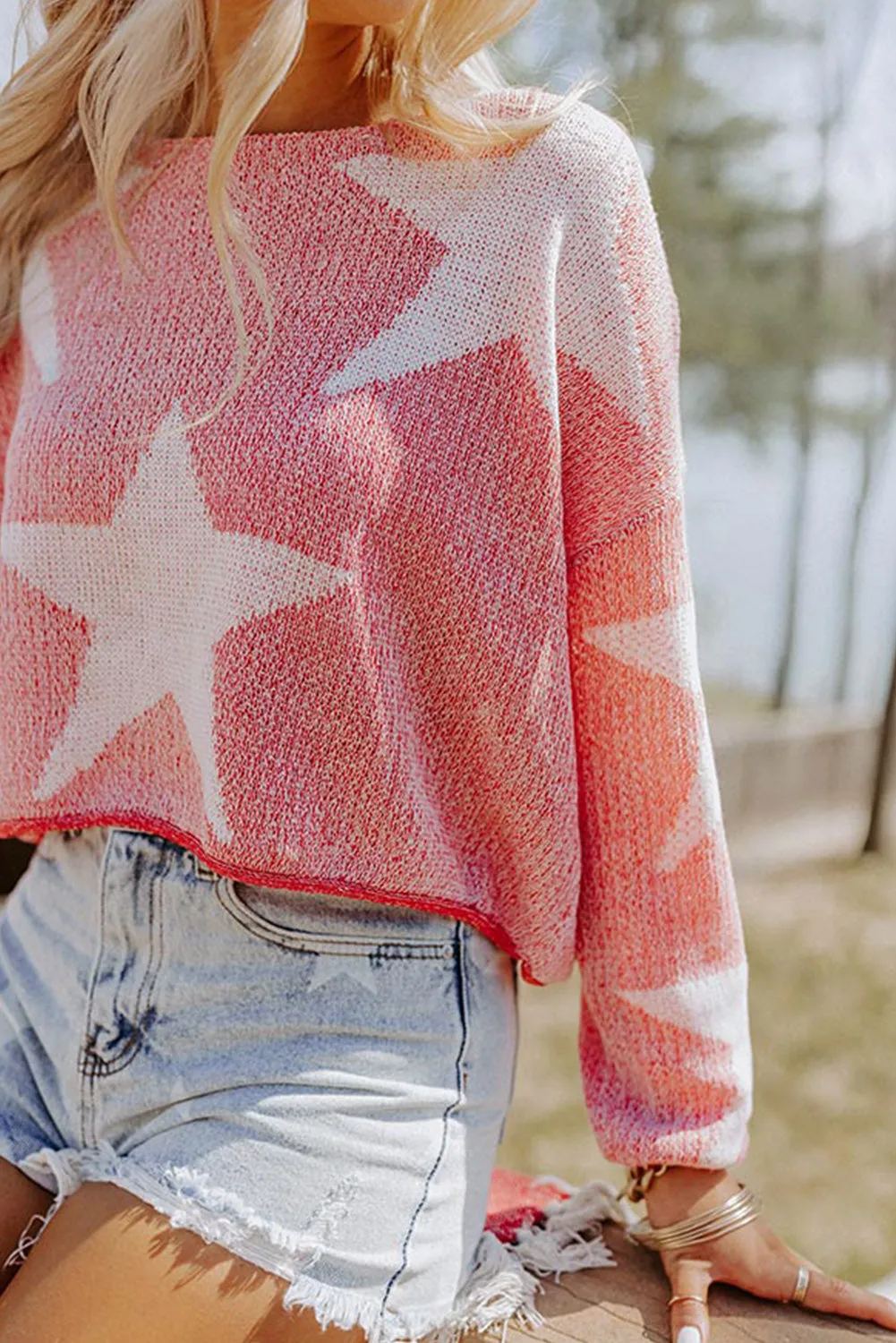 Red Big Star Spangled Casual Knit Sweater