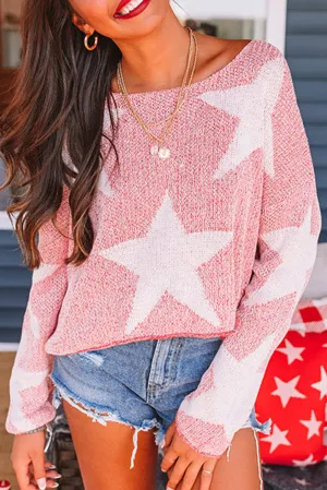 Red Big Star Spangled Casual Knit Sweater