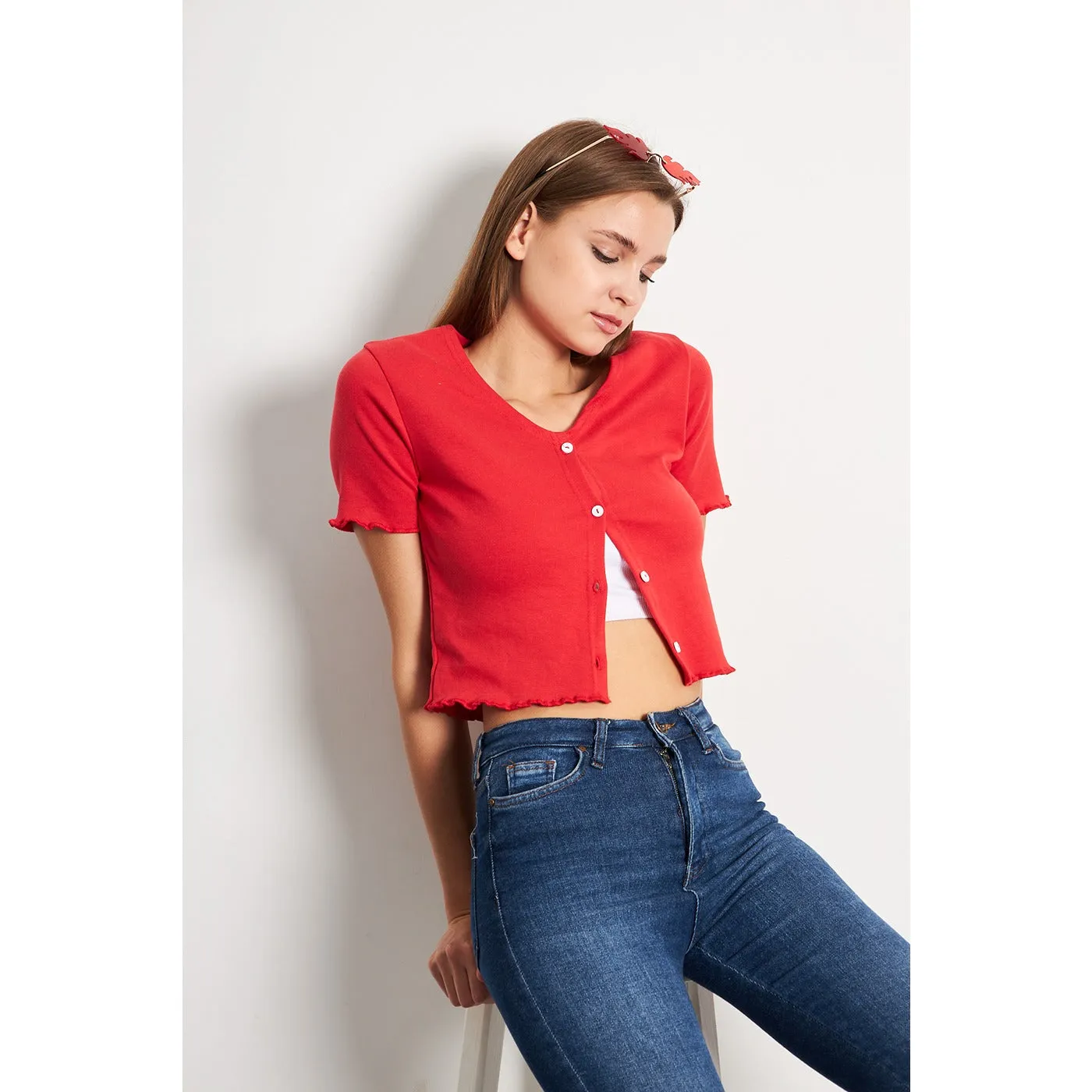 Red Button Down Crop Top