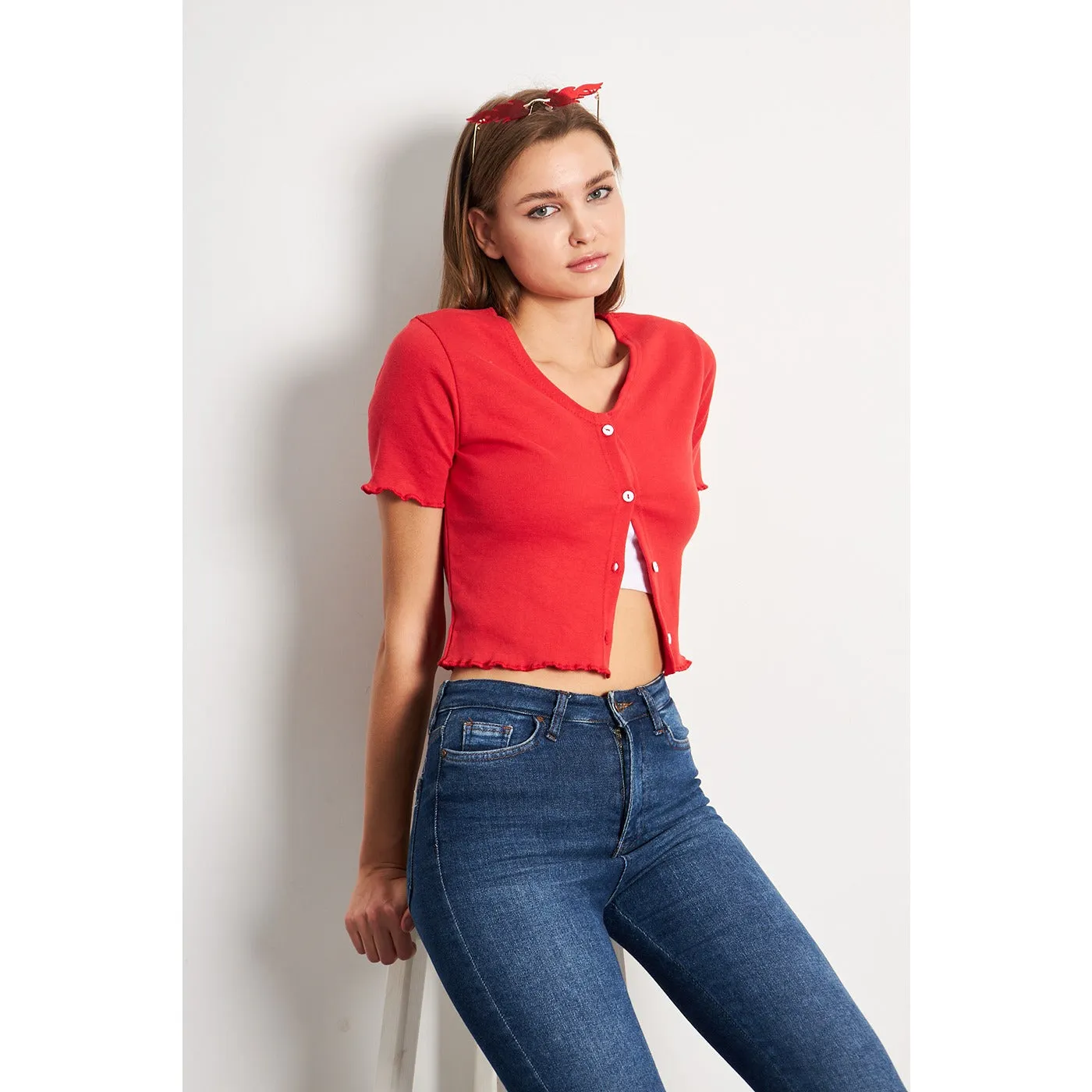 Red Button Down Crop Top