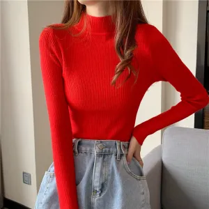 Red High Neck Flat Knit Top