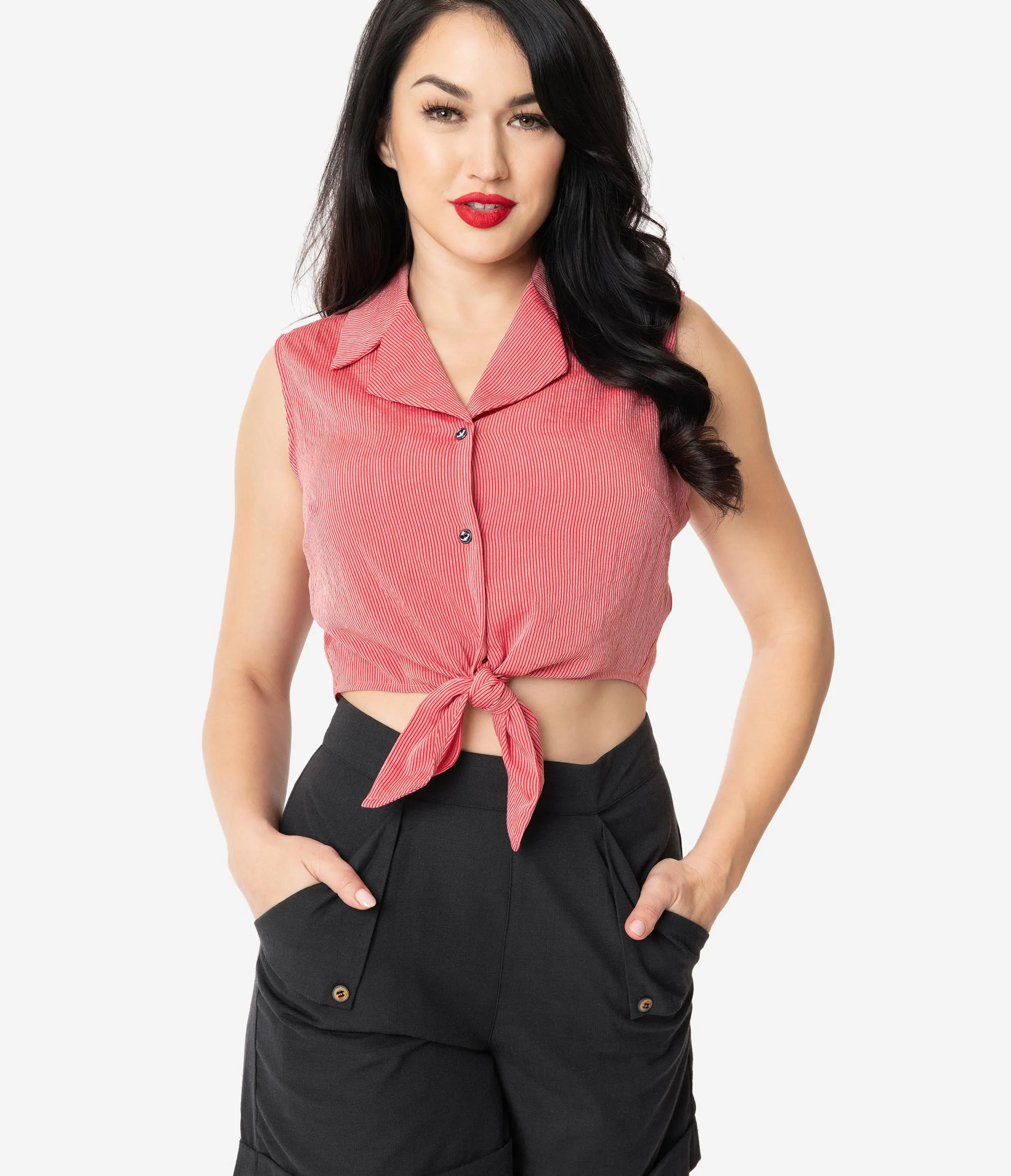 Red Striped Crop Tie Front Button Up Top