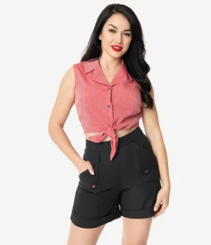 Red Striped Crop Tie Front Button Up Top