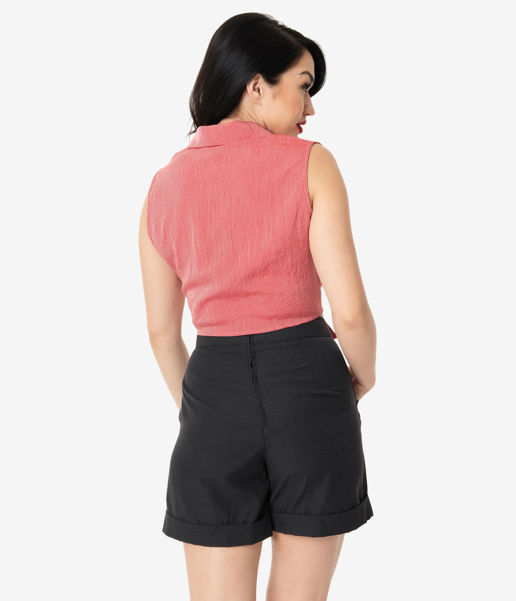 Red Striped Crop Tie Front Button Up Top