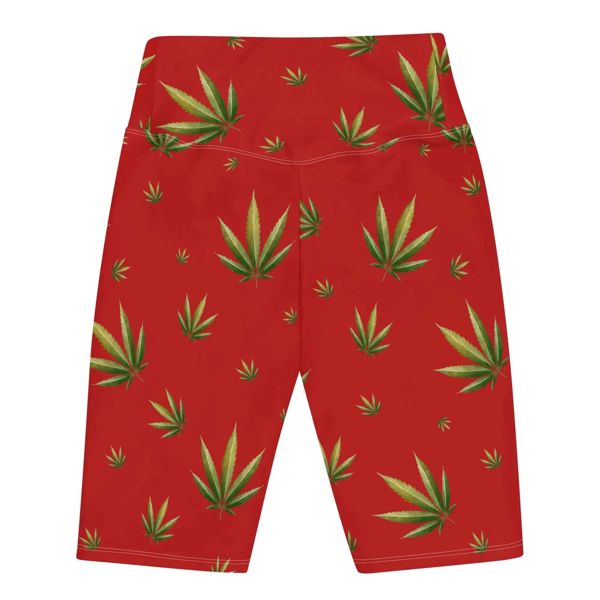 Red Weed Leaf Biker Shorts