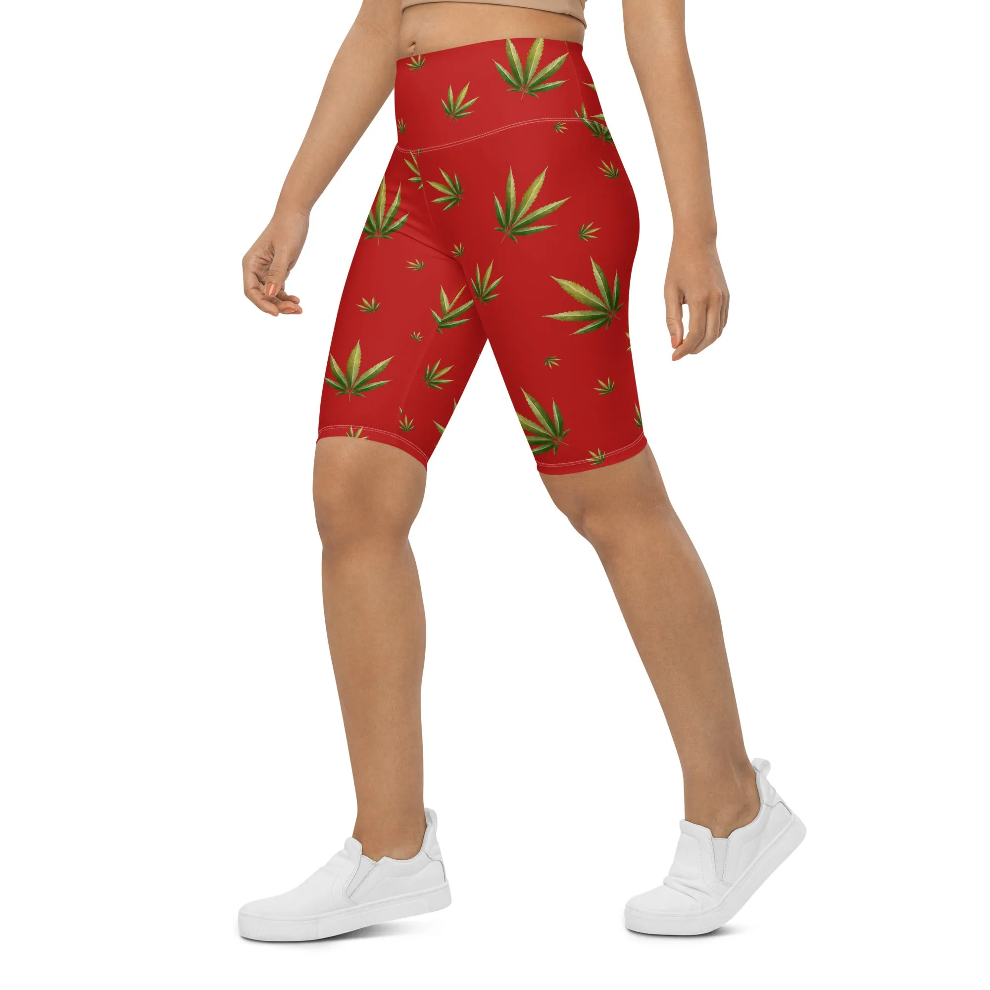 Red Weed Leaf Biker Shorts