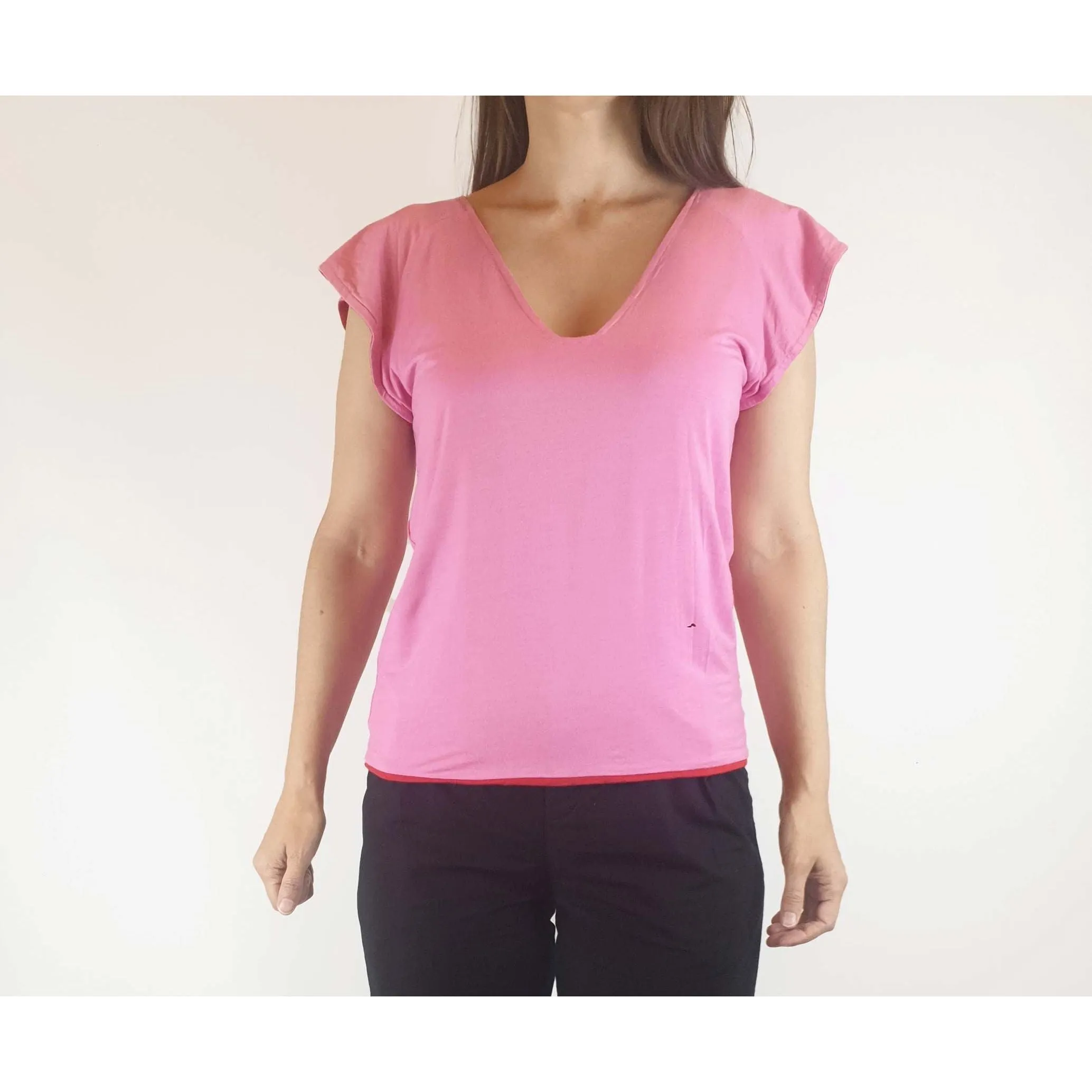 Reversible tee shirt top with red and pink sides best fits size 8