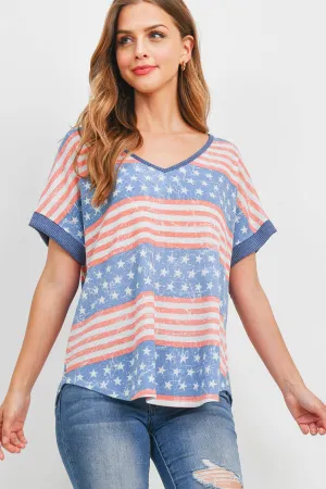 Rib Neck and Sleeve Band American Flag Top
