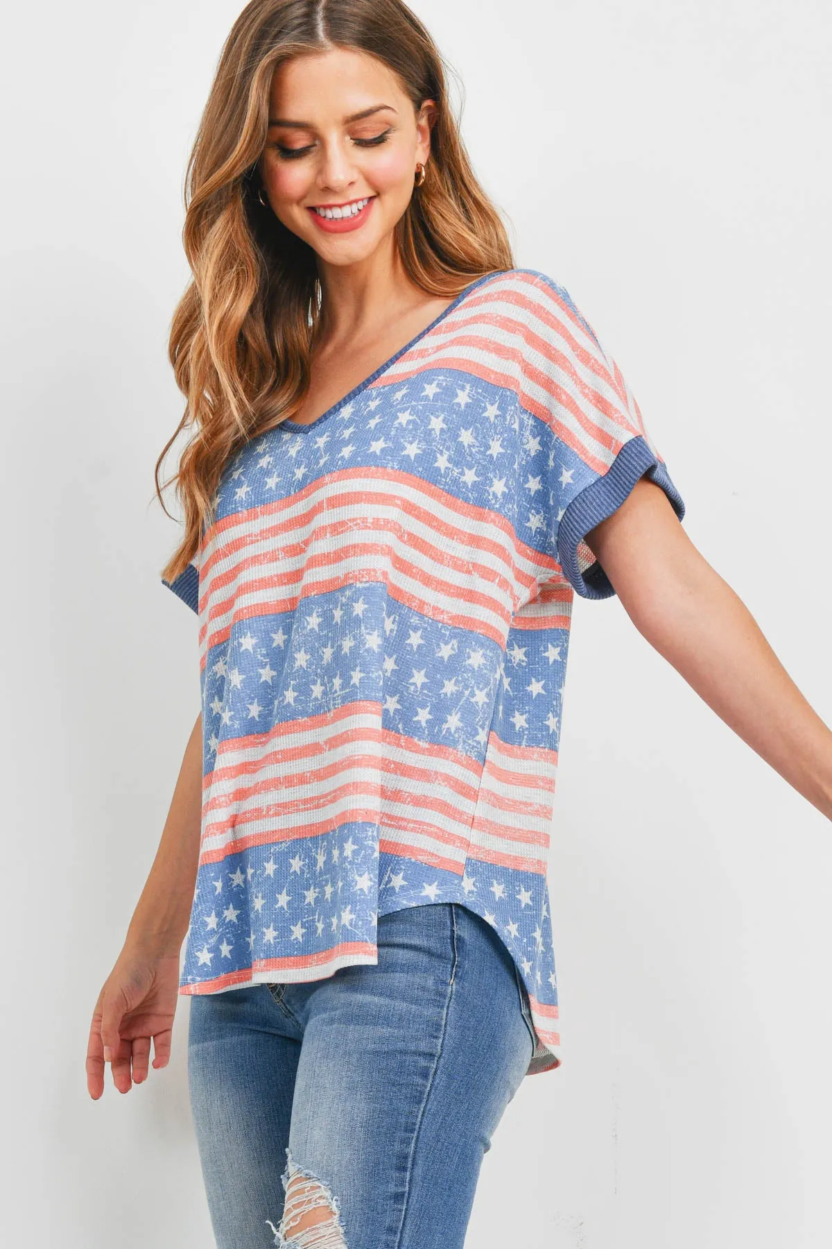 Rib Neck and Sleeve Band American Flag Top