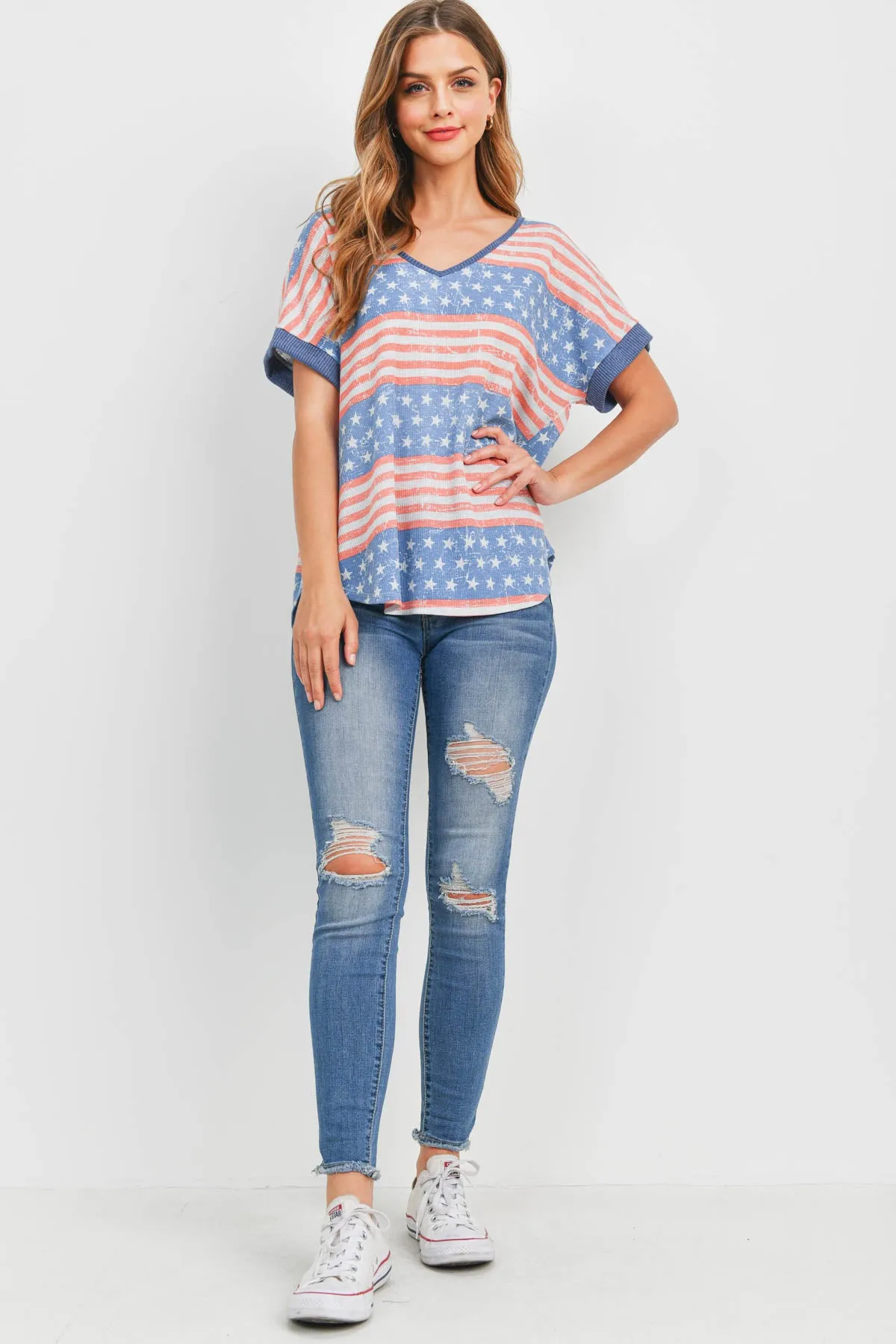 Rib Neck and Sleeve Band American Flag Top