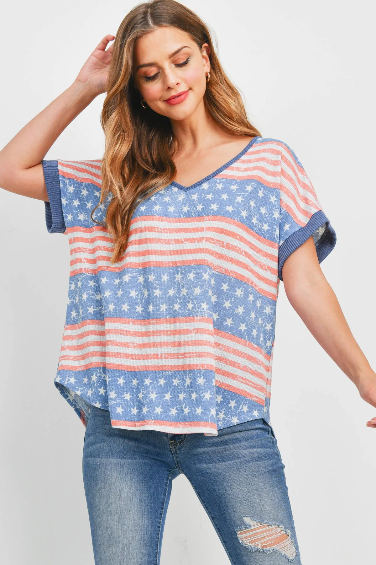 Rib Neck and Sleeve Band American Flag Top