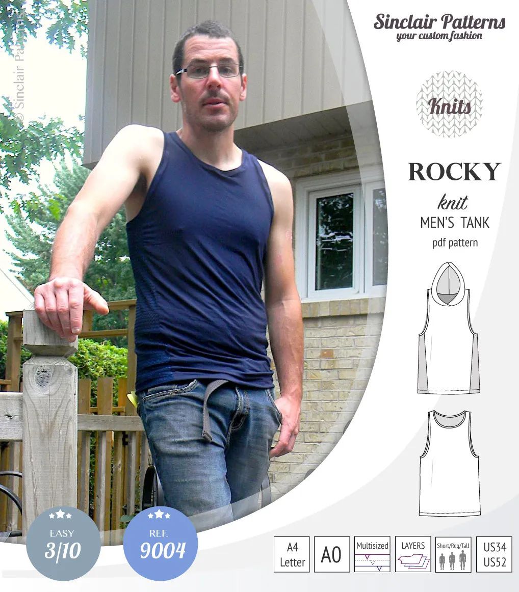 Rocky semi fitted knit tank with optional panels and a hood for men (PDF)