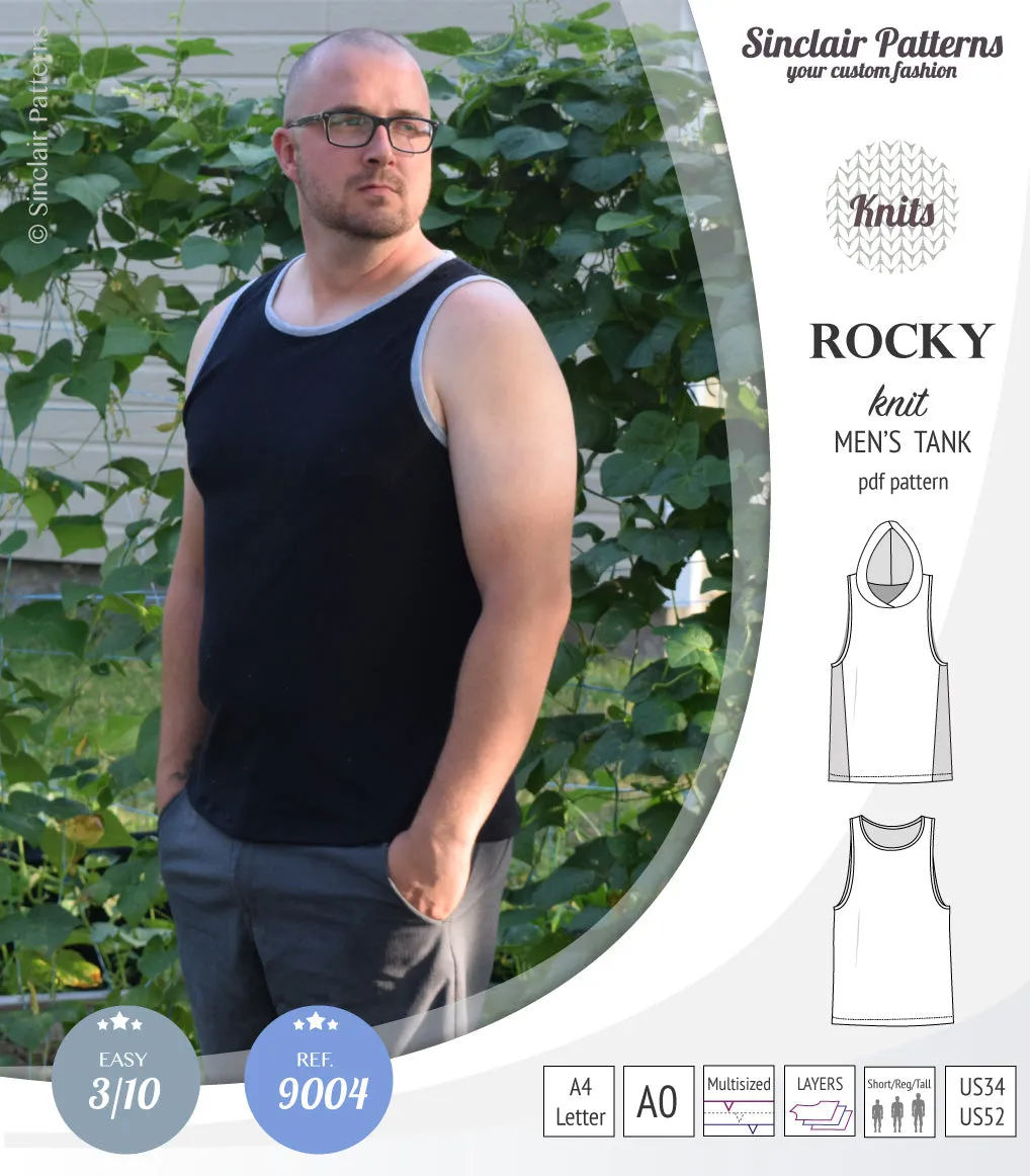 Rocky semi fitted knit tank with optional panels and a hood for men (PDF)