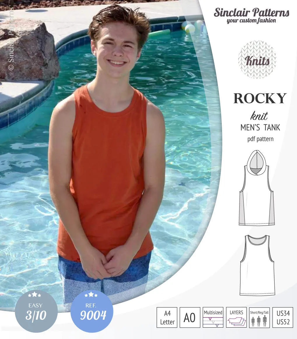 Rocky semi fitted knit tank with optional panels and a hood for men (PDF)