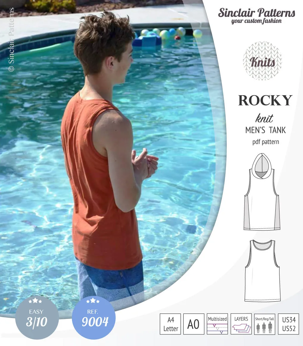 Rocky semi fitted knit tank with optional panels and a hood for men (PDF)