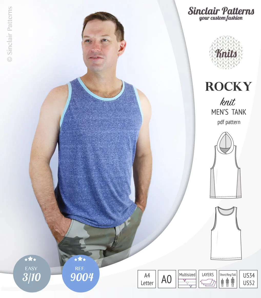 Rocky semi fitted knit tank with optional panels and a hood for men (PDF)
