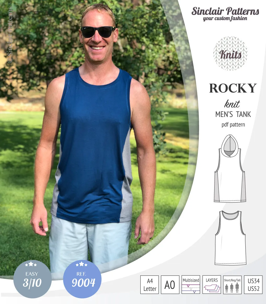 Rocky semi fitted knit tank with optional panels and a hood for men (PDF)