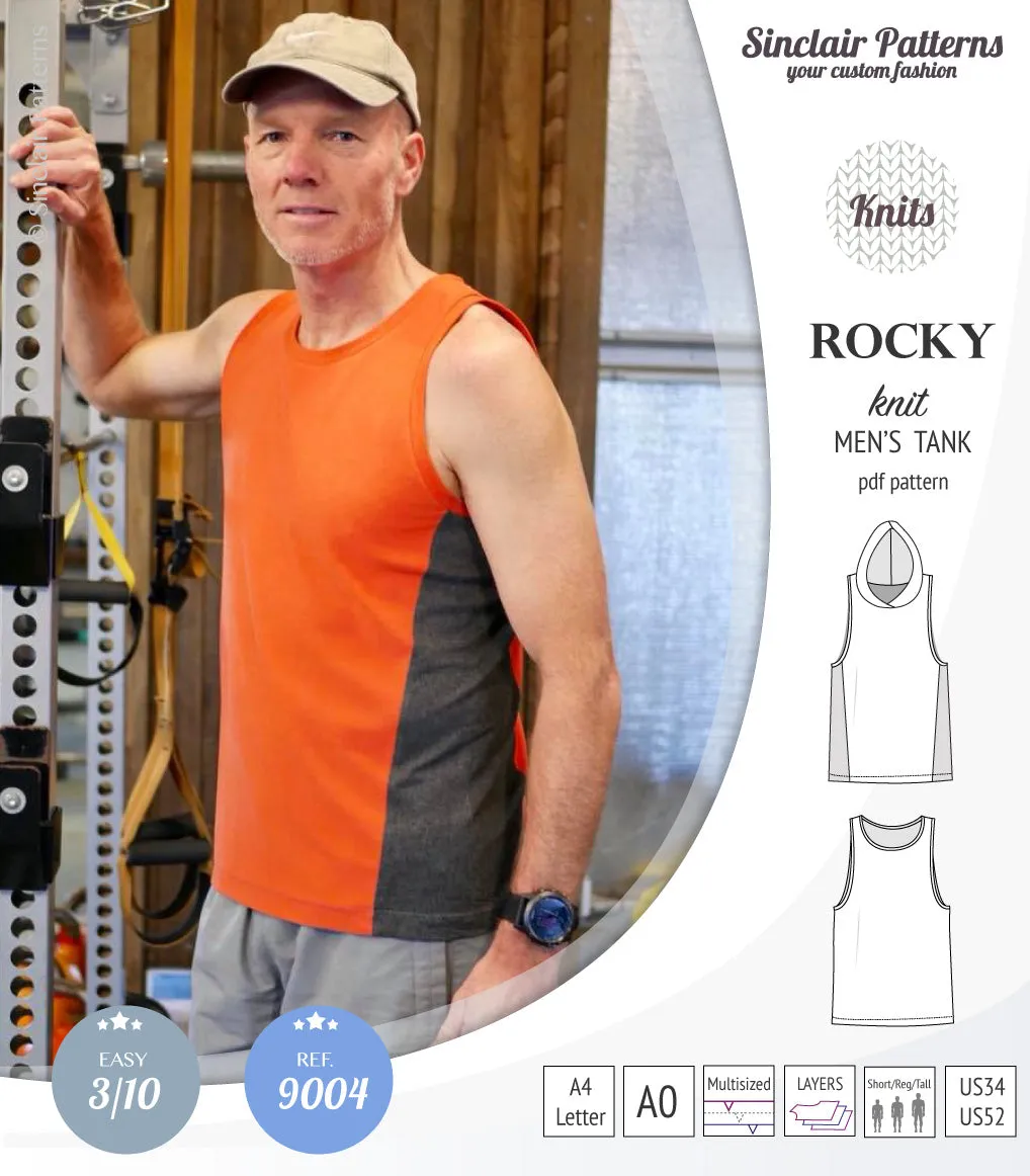 Rocky semi fitted knit tank with optional panels and a hood for men (PDF)