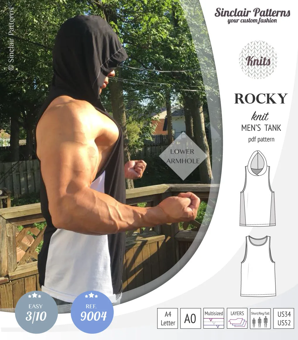 Rocky semi fitted knit tank with optional panels and a hood for men (PDF)