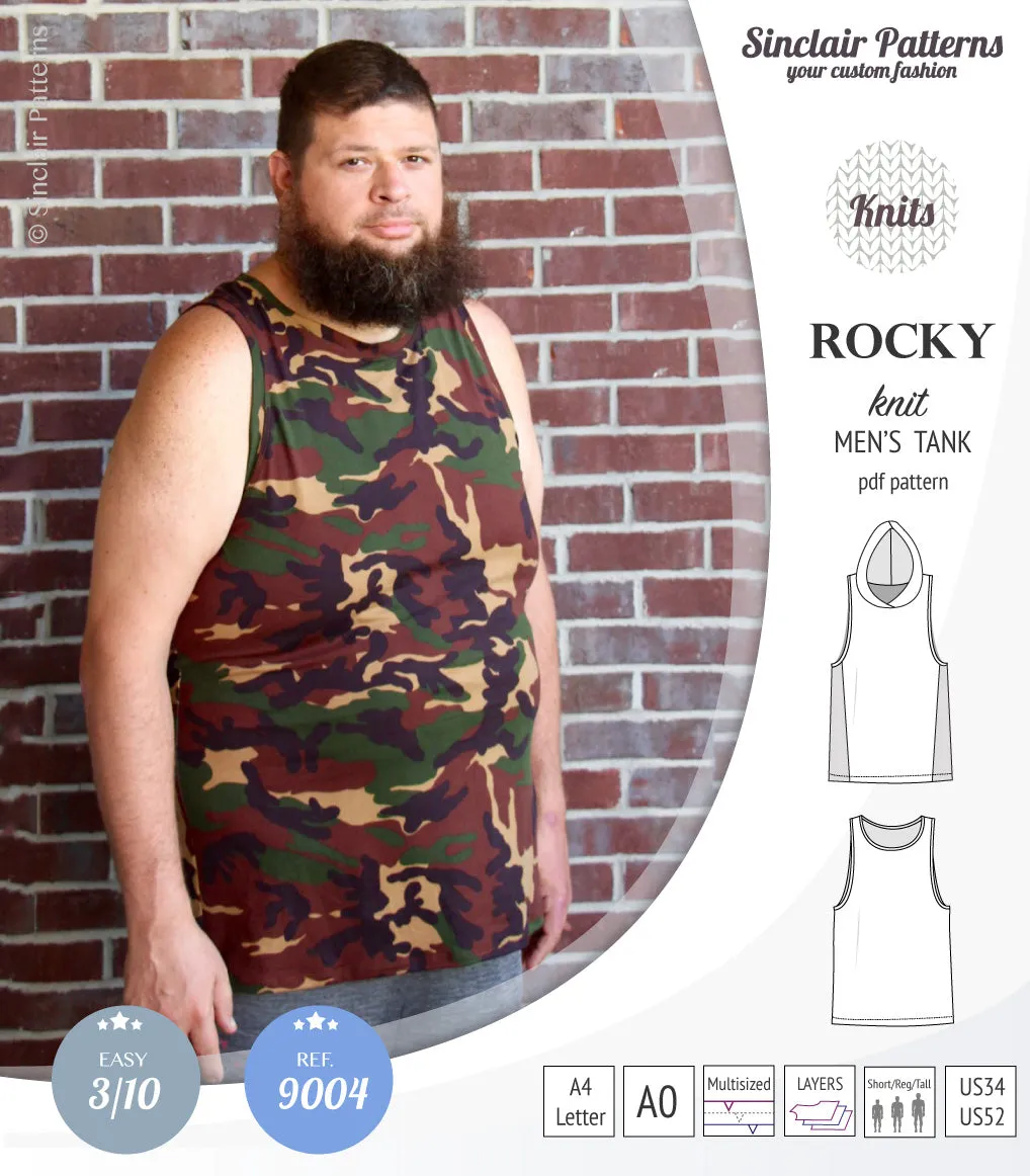 Rocky semi fitted knit tank with optional panels and a hood for men (PDF)
