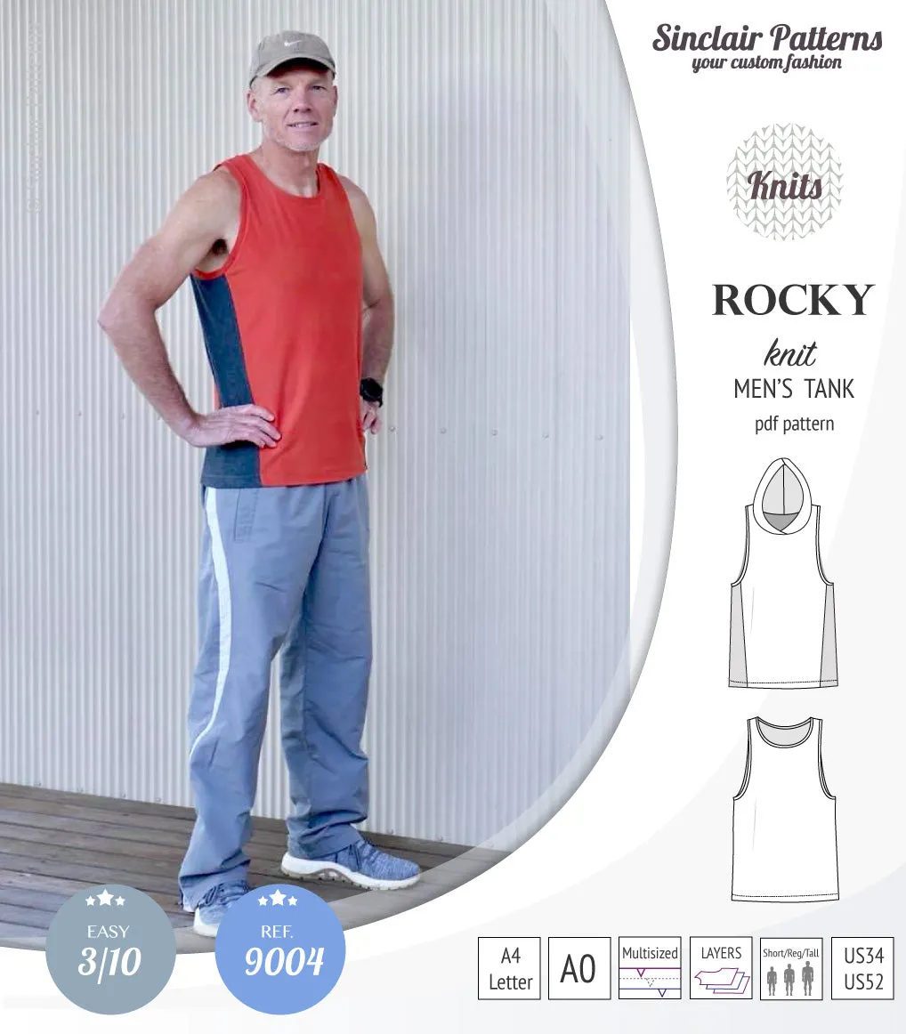 Rocky semi fitted knit tank with optional panels and a hood for men (PDF)