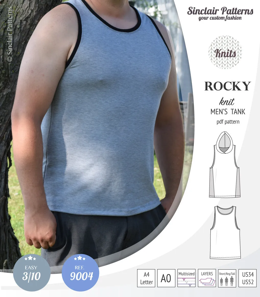Rocky semi fitted knit tank with optional panels and a hood for men (PDF)