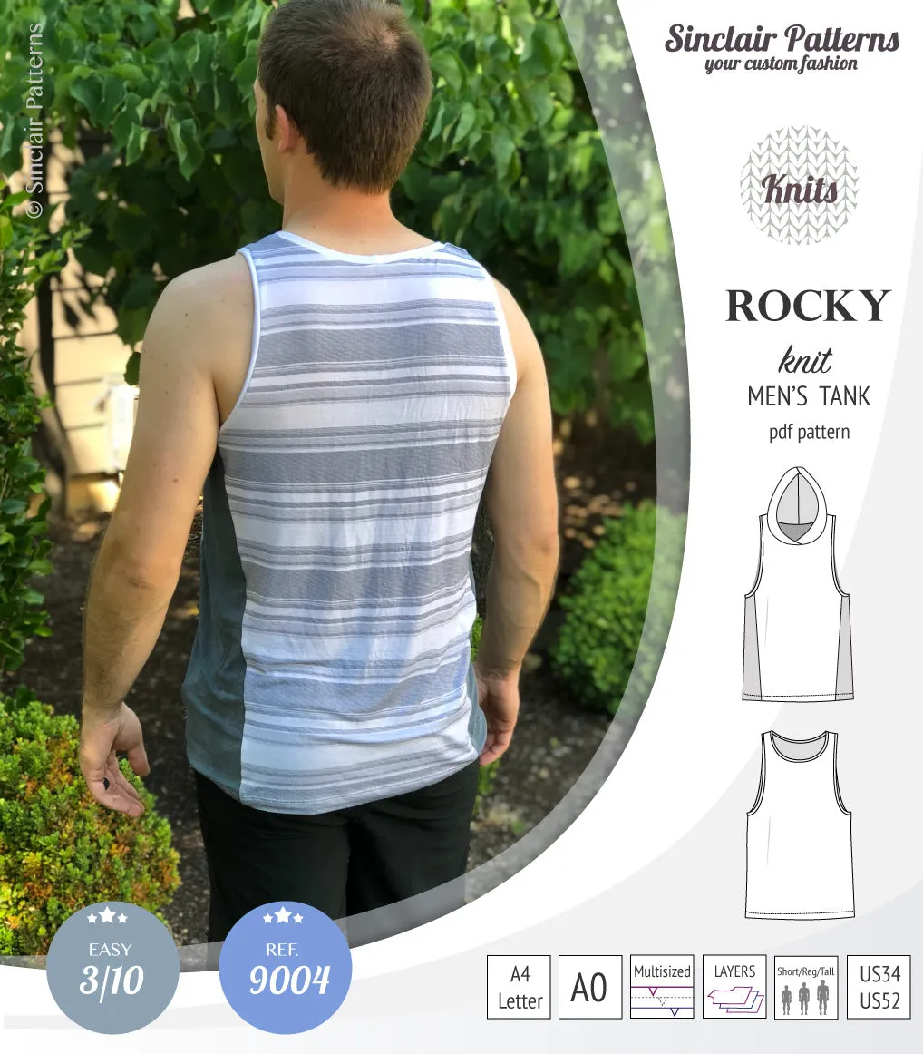 Rocky semi fitted knit tank with optional panels and a hood for men (PDF)