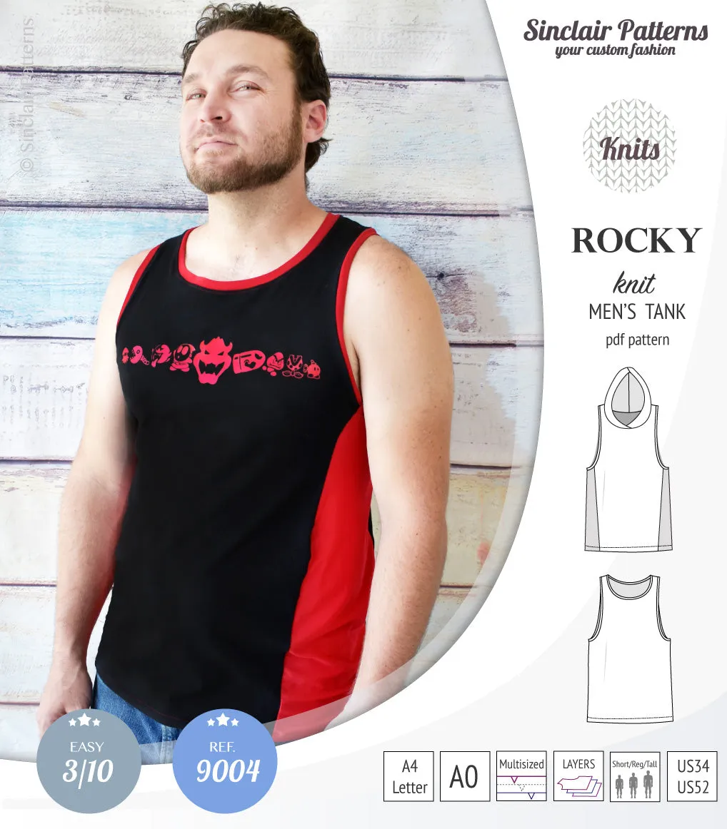 Rocky semi fitted knit tank with optional panels and a hood for men (PDF)